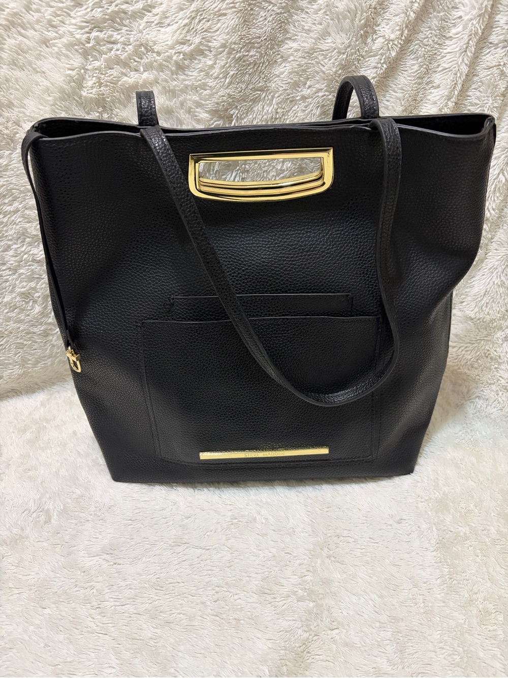 Steve Madden Women’s Black Leather Large Tote Bag Purse Handbag Gold Hardware